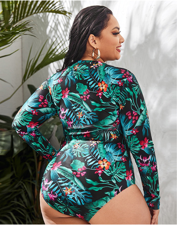 Savaviaswim - Palm Leaves Color High Neckline Long Sleeve Zipper One Piece Swimsuit