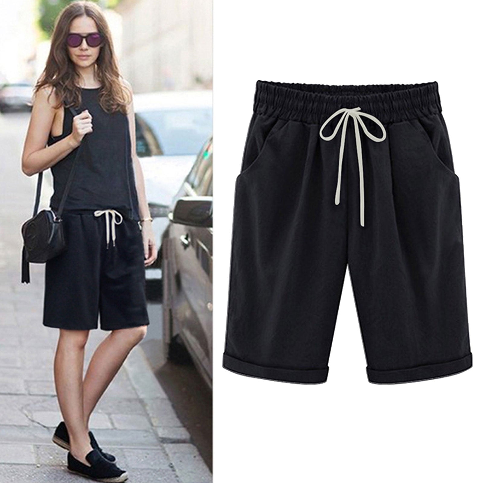 Savaviaswim - Women's Elastic Waist Knee Length Casual Cotton Bermuda Shorts with Drawstring