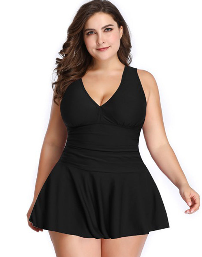 Savaviaswim - Black V-Neck Skirt One Piece Swimdress