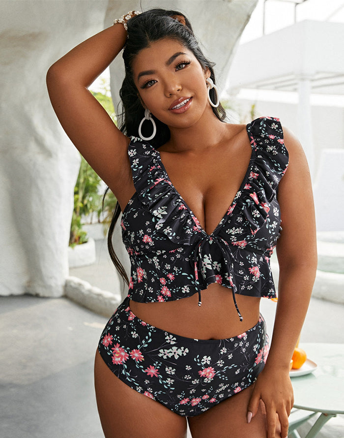 Savaviaswim - Black High Waist Ruffle Bikini Set