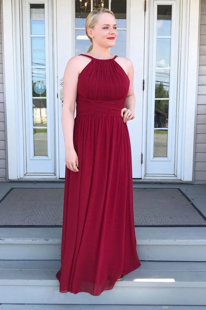 A-line Jewel Burgundy Bridesmaid Dresses, Chiffon Long Prom Dresses