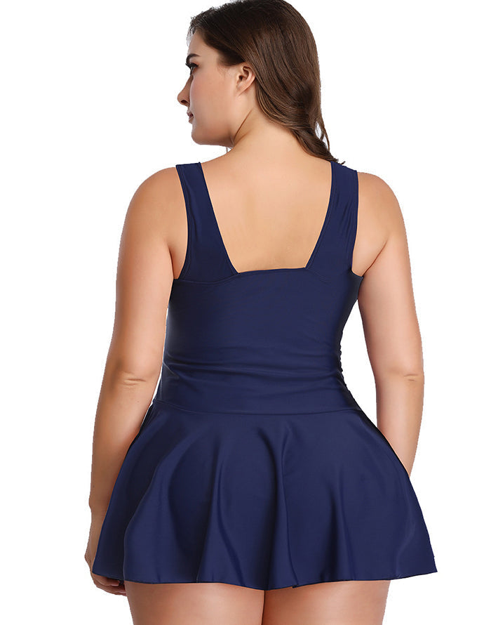 Savaviaswim - Dark Blue V-Neck Skirt One Piece Swimdress