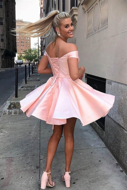 Simple Short Prom Dresses A Line Satin Off Shoulder Homecoming Dresses