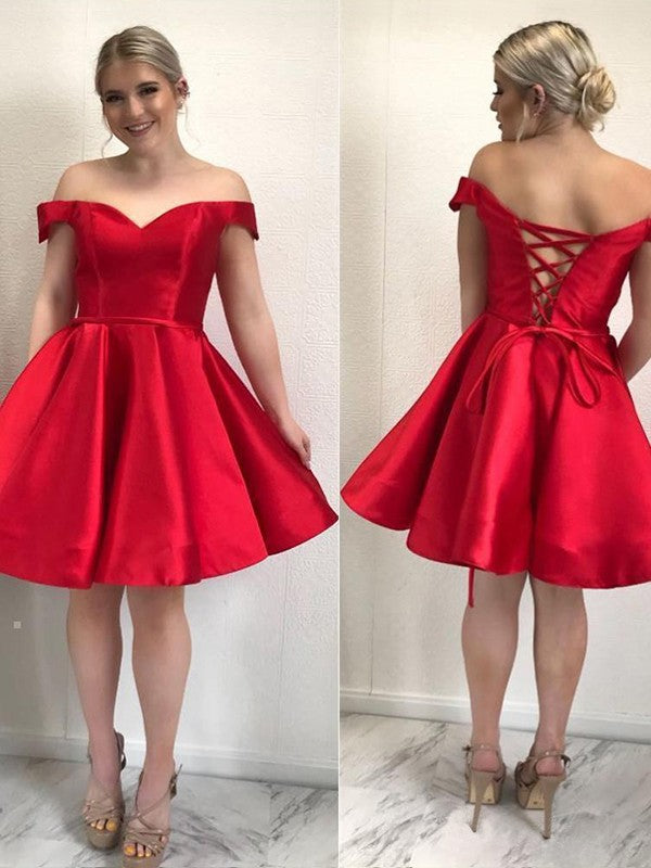 Simple Short Prom Dresses A Line Satin Off Shoulder Homecoming Dresses