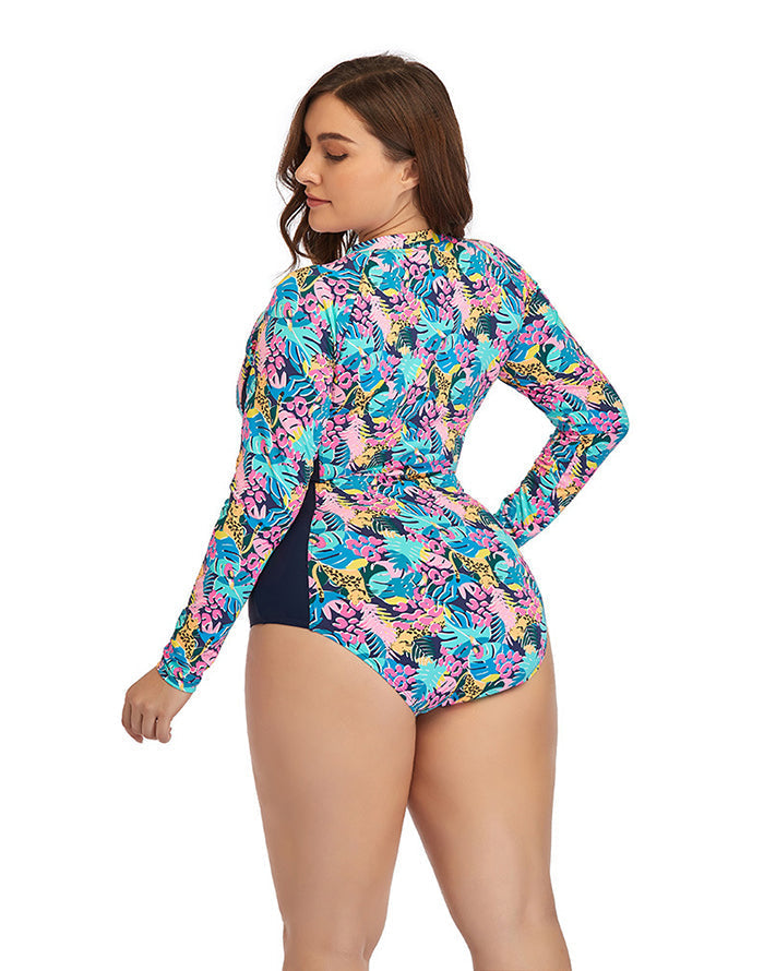 Savaviaswim - Multicolor High Neckline Zip Long Sleeve One Piece Swimsuit