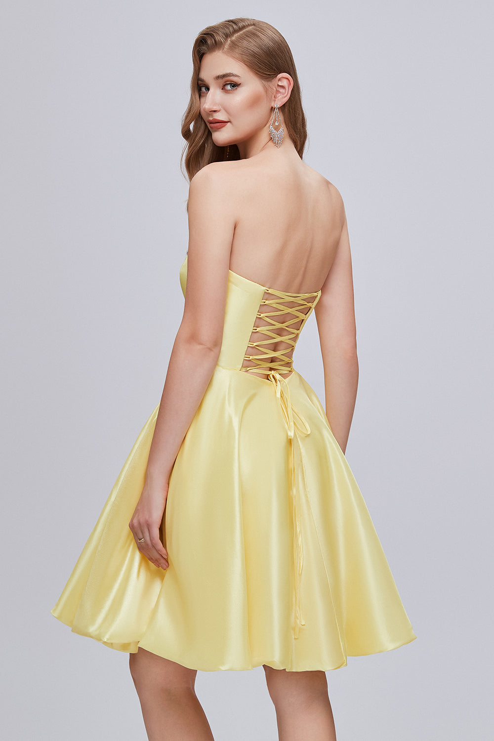 Simple Yellow Strapless A Line Short Homecoming Dresses With Pockets