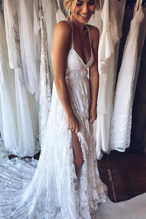 A Line Court Train Halter Sleeveless Backless Side Slit Cheap Wedding Gown,Beach Wedding Dress W159 - Ombreprom