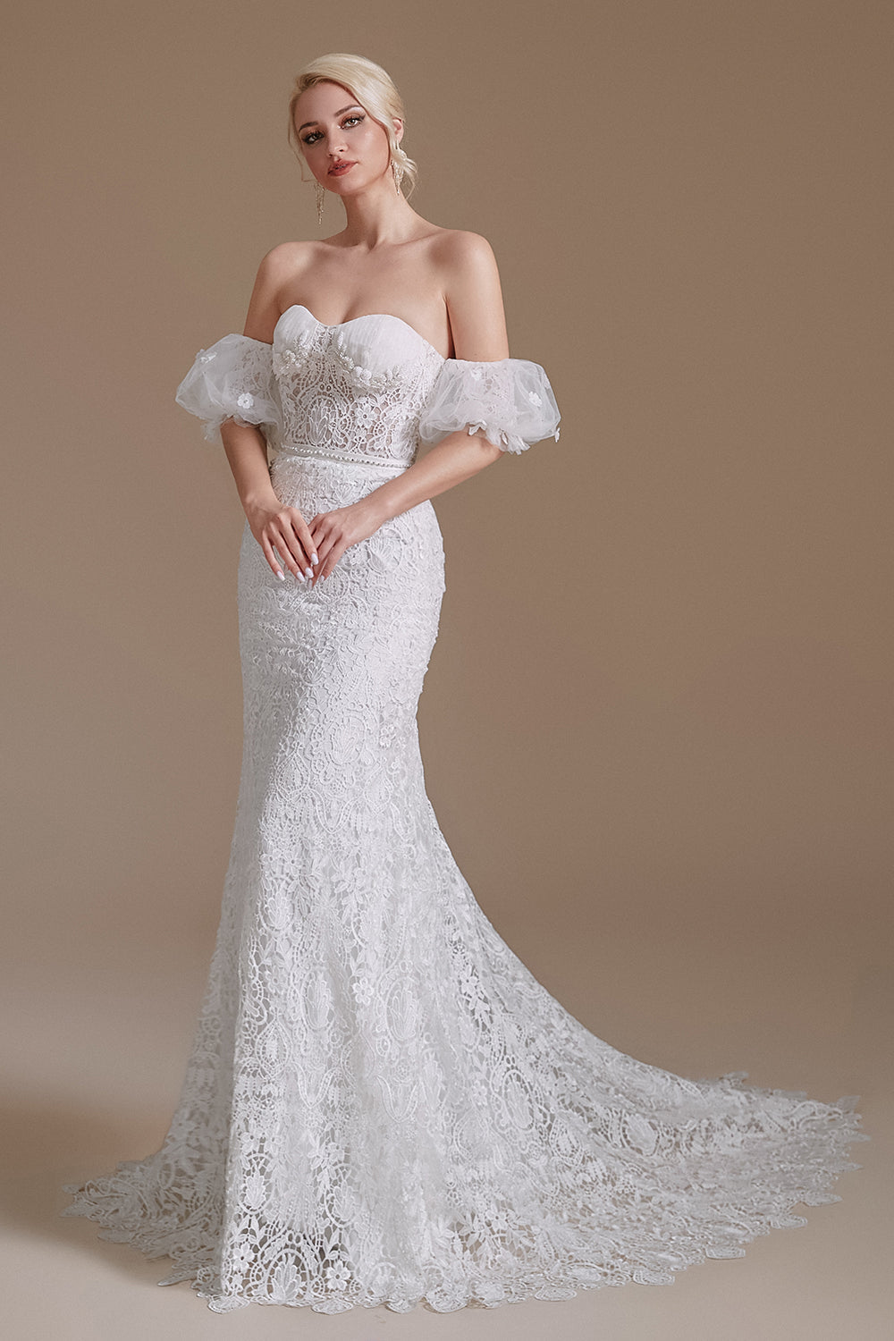 New Arrival Sweetheart Off the Shoulder Lace Long Beach Wedding Dresses