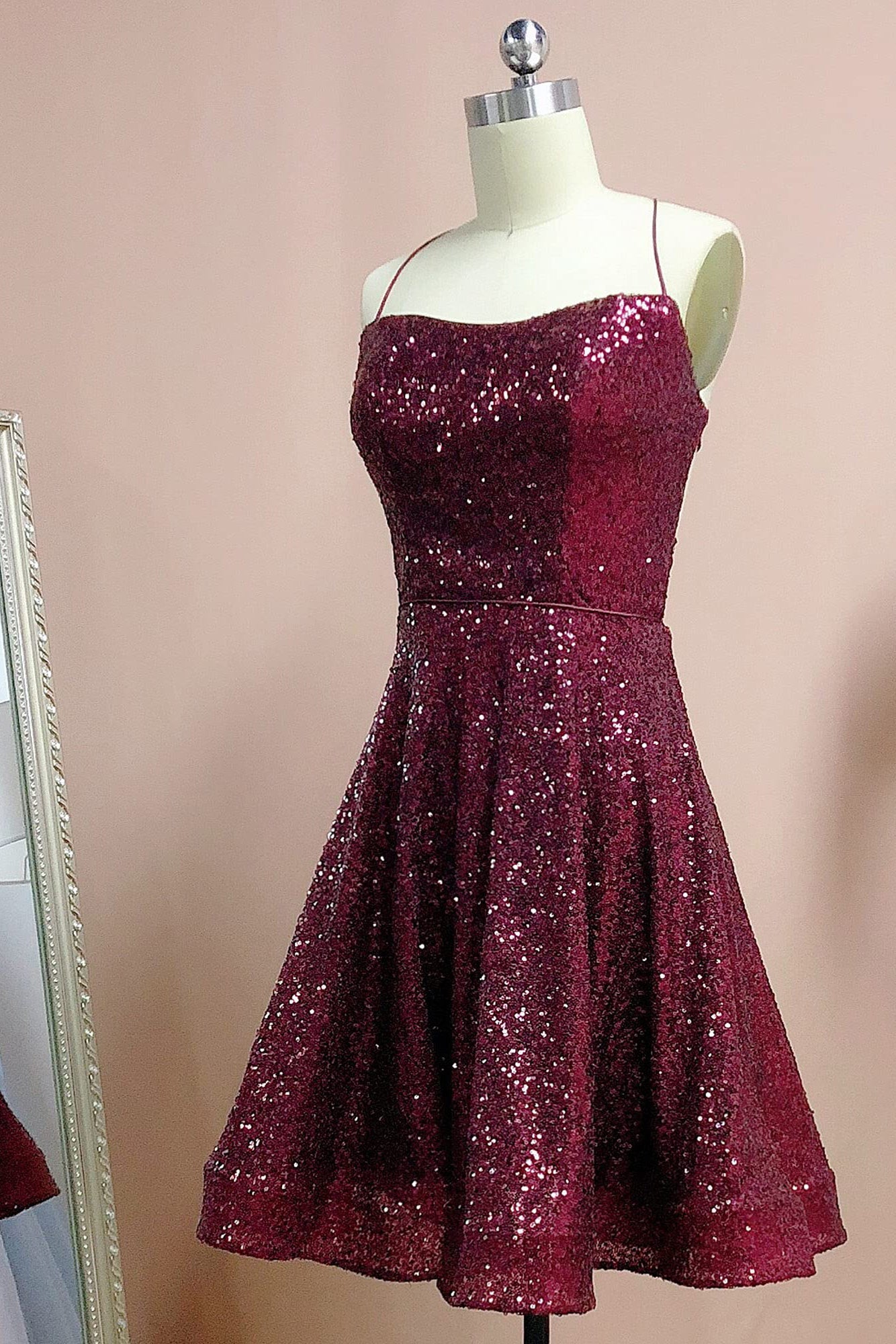 Burgundy Spaghetti Straps Sleeveless A Line Sequins Homecoming Dress