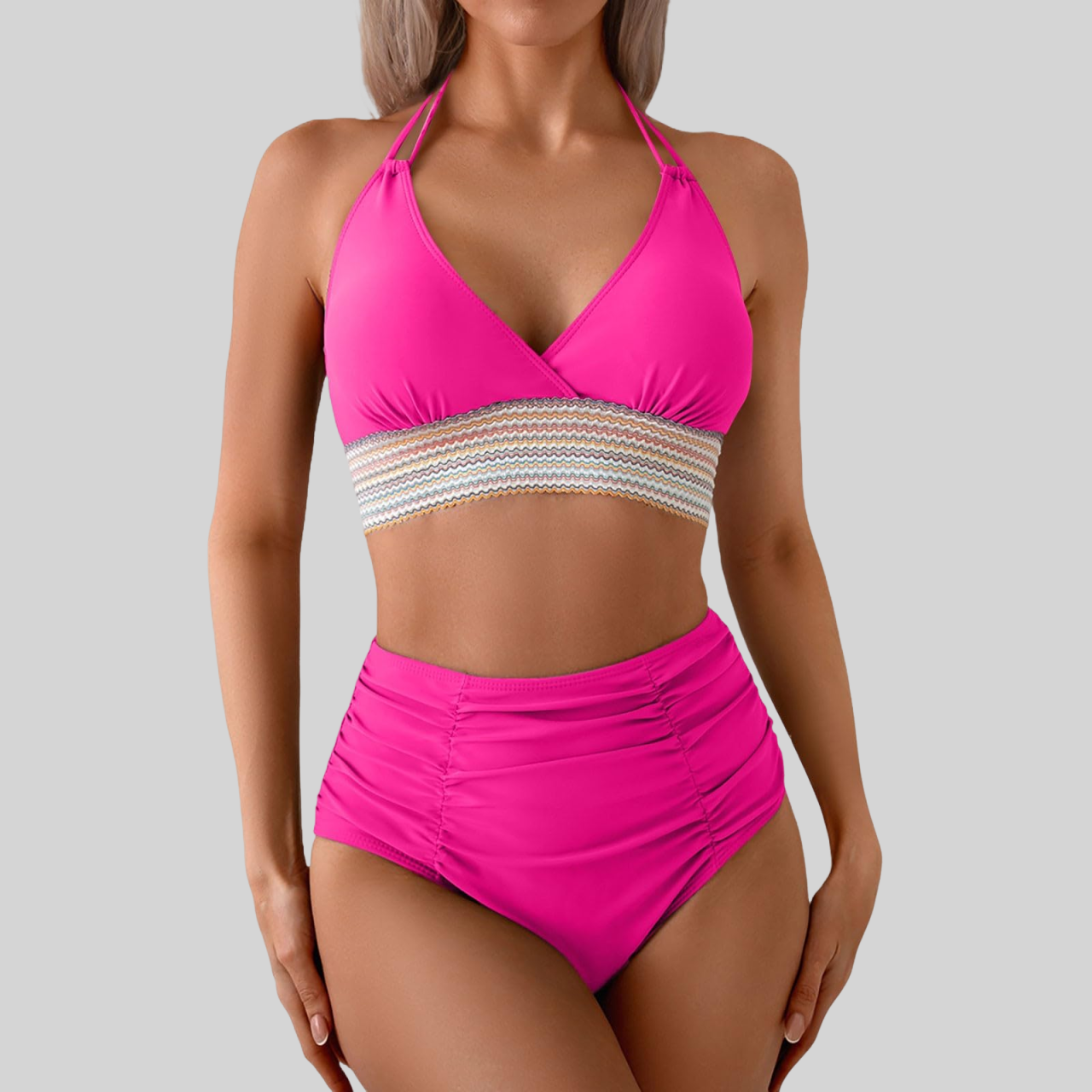Savaviaswim - Two Piece High Waisted Bikini Sets Tummy Control Color Block Suspender Swimwear