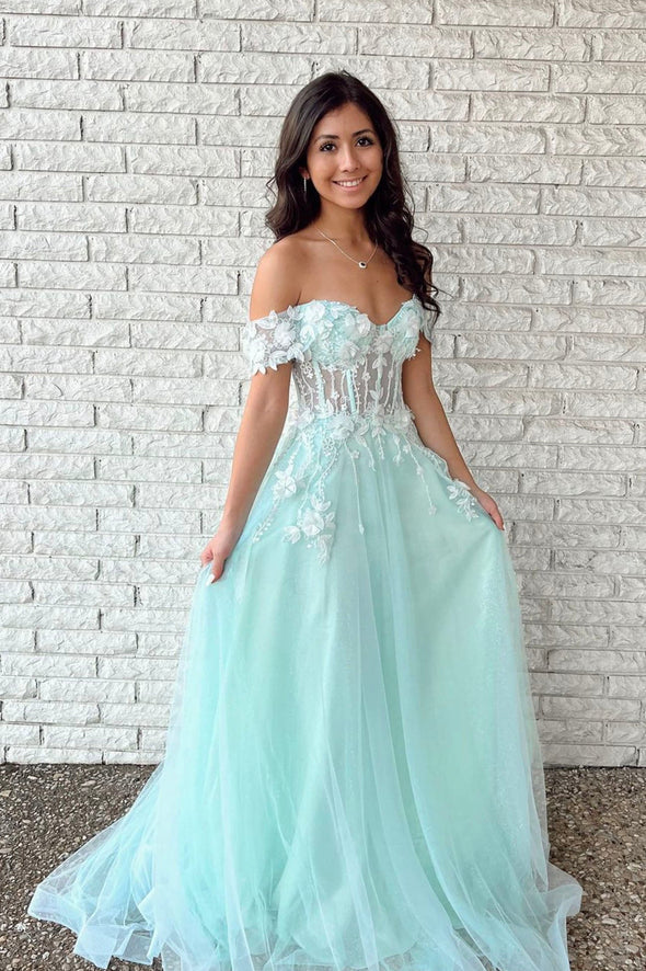 Tulle Applique Mint Green Off the Shoulder A line Evening Dresses Long Prom Dresses