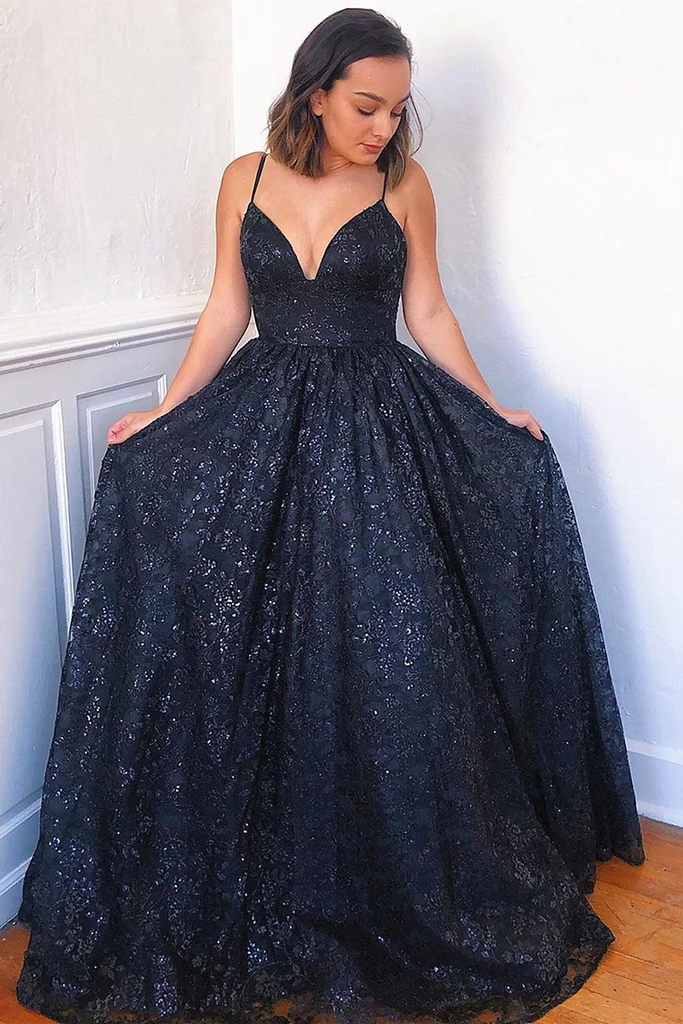 Navy Blue Lace Spaghetti Straps A-Line Long Prom Dresses Formal Evening Dresses