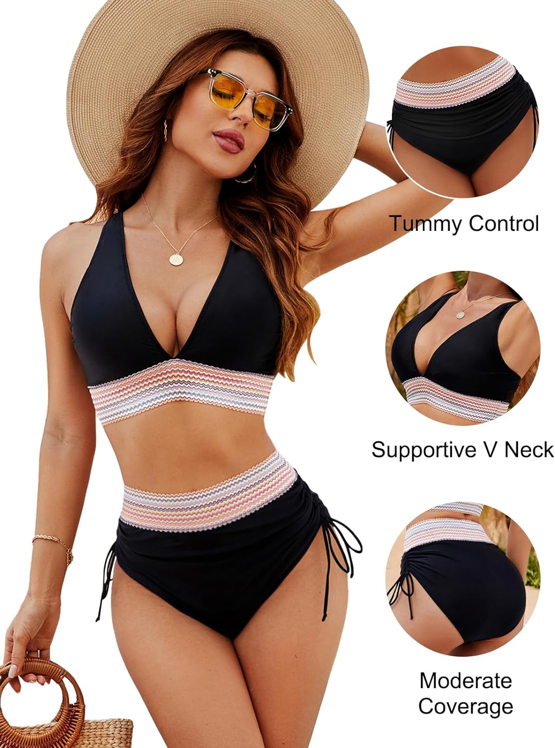Savaviaswim - High Waisted Tummy Control Color Block Bikini Sets