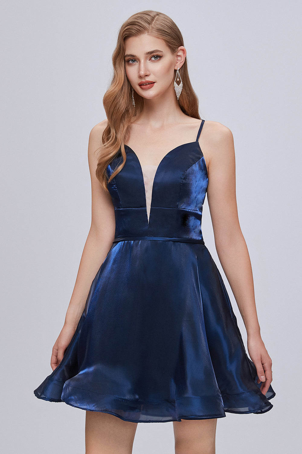 Blue Deep V Neck Spaghetti Strap A Line Short Homecoming Dresses