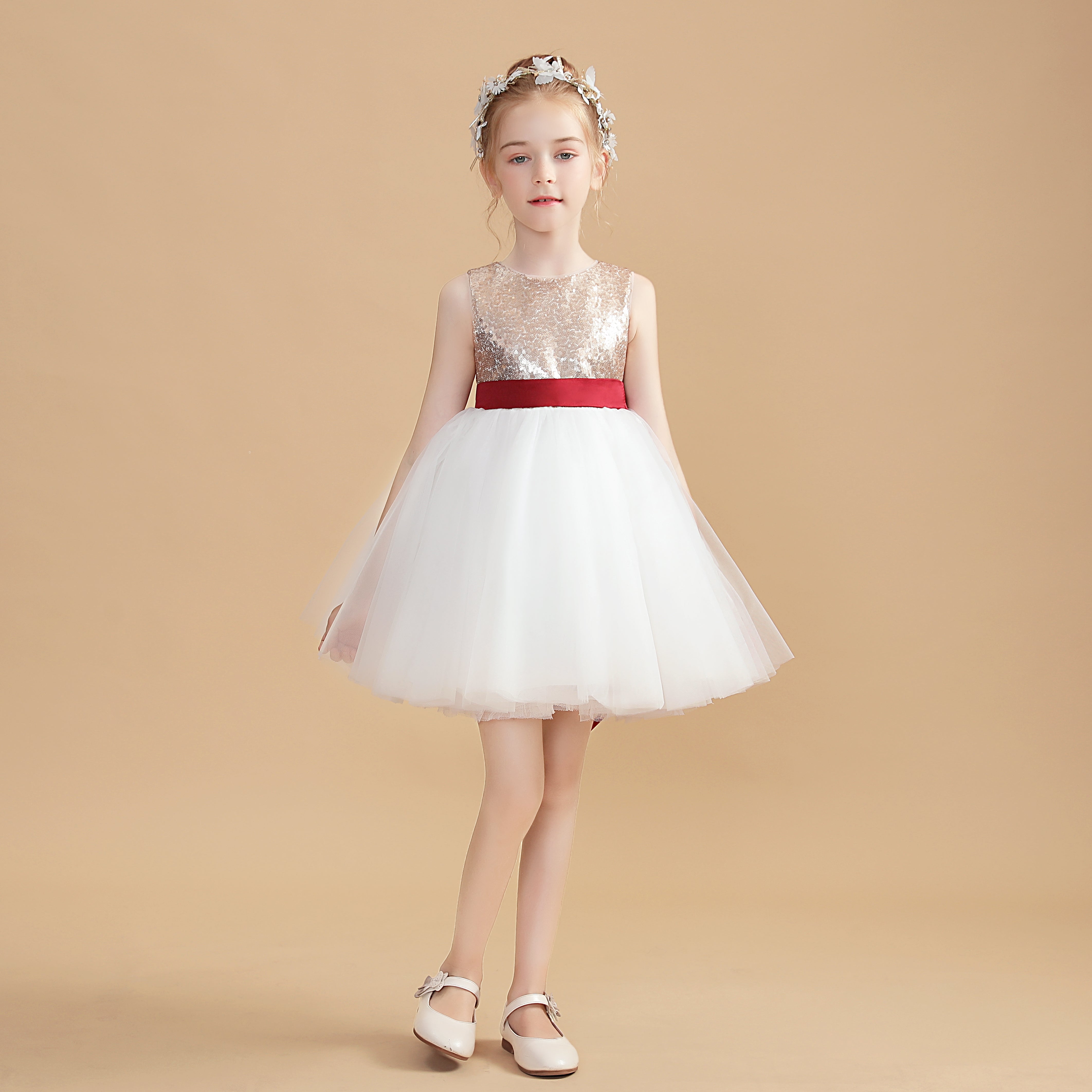 Short Gold Sequins Flower Girl Dresses With White Tulle