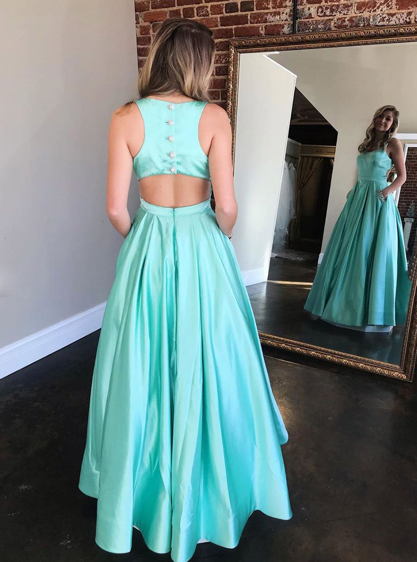 Simple Green Sleeveless Open Back Satin Long Evening Dresses