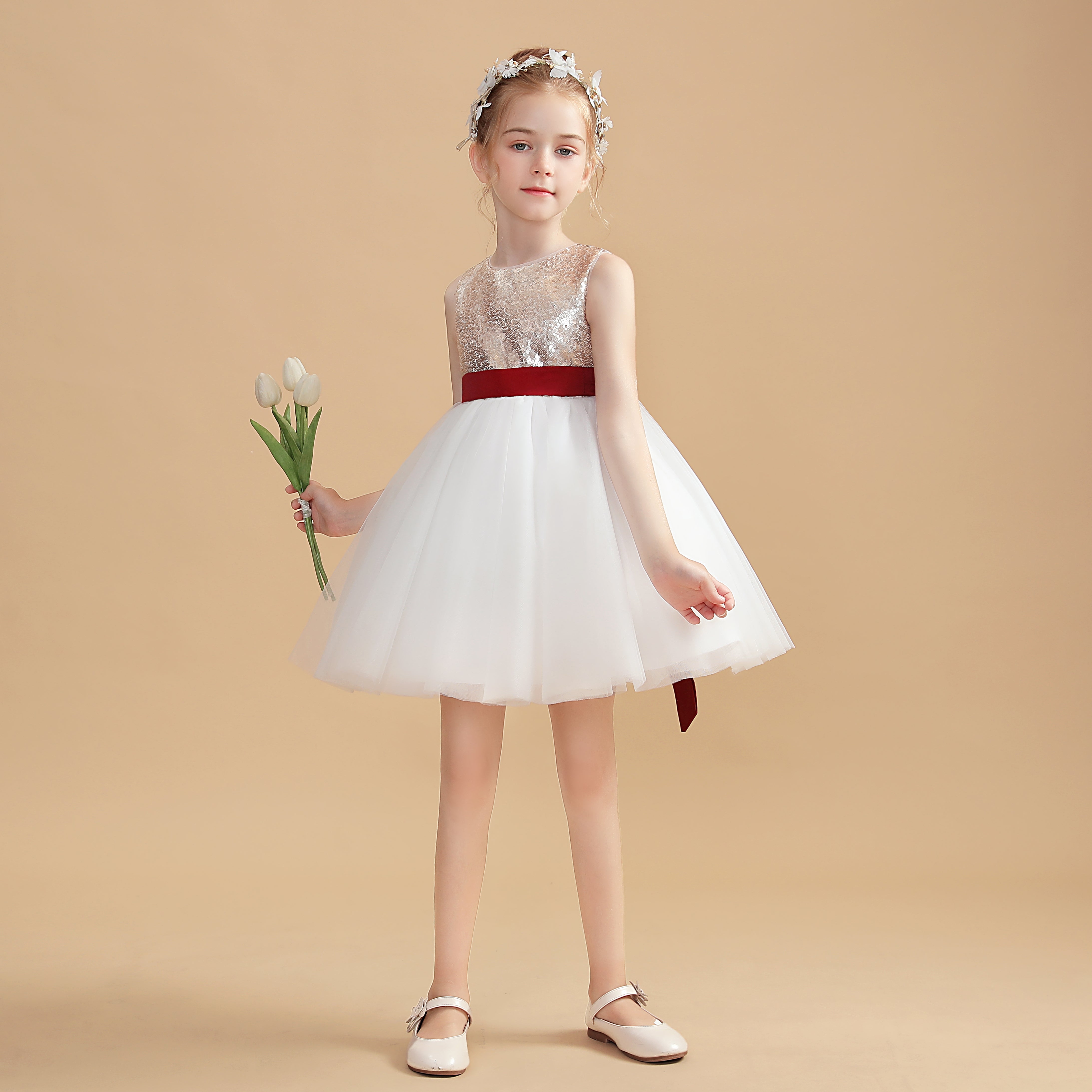 Short Gold Sequins Flower Girl Dresses With White Tulle