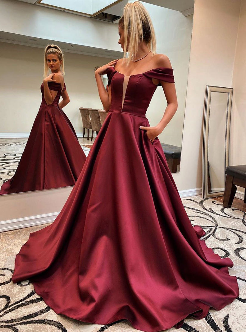 Simple Off Shoulder A Line Satin Long Prom Dresses