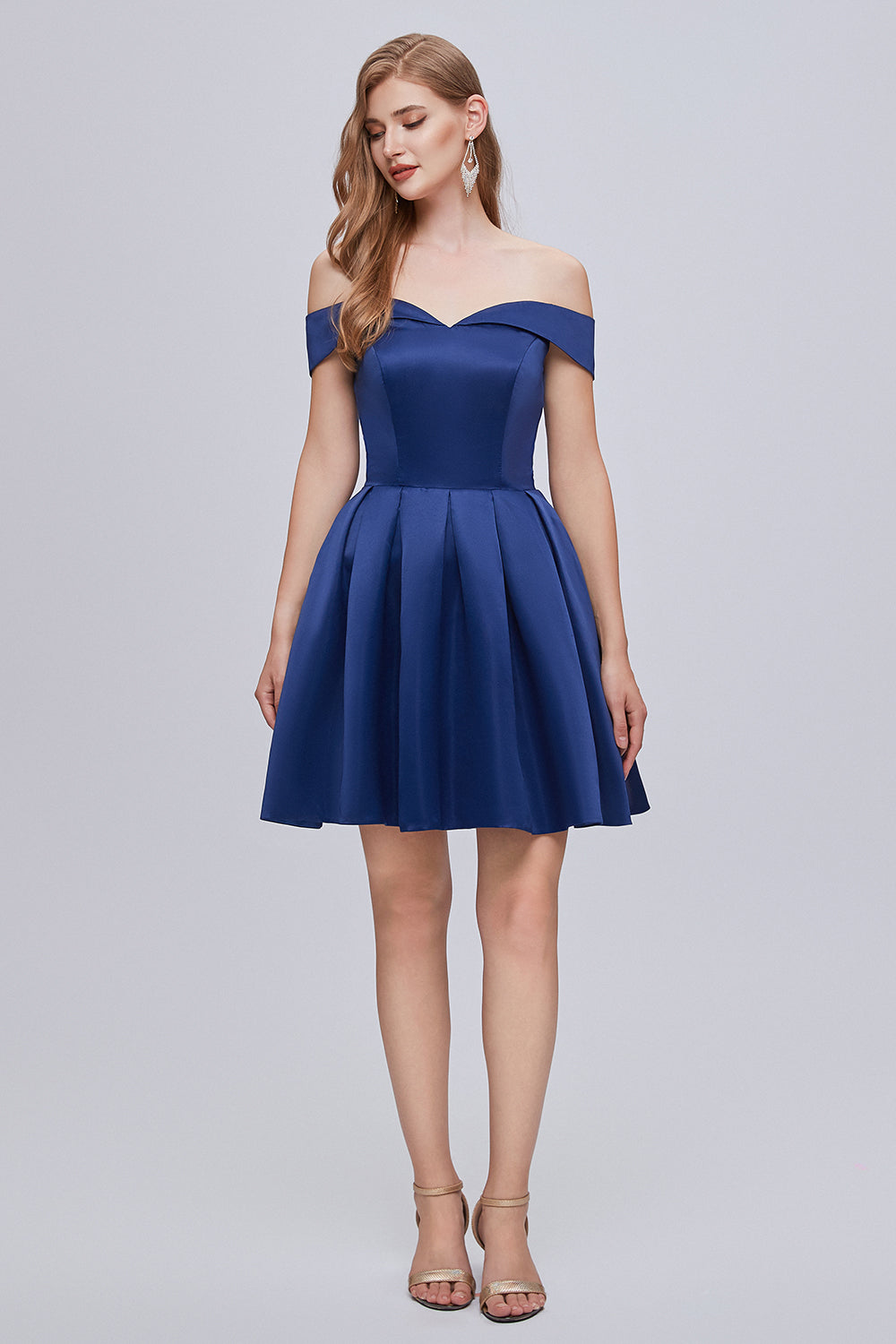 Cute Blue Off The Shoulder Lace Up Satin Homecoming Dresses