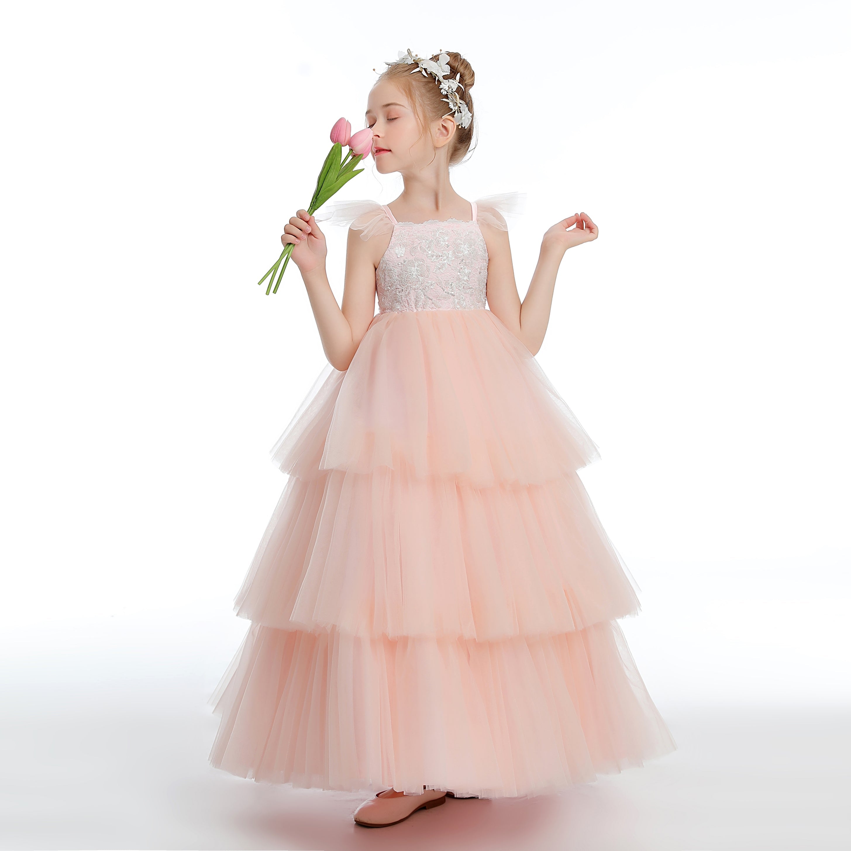 Ruffles Layered Pink Tulle Flower Girl Dresses With Bowknot