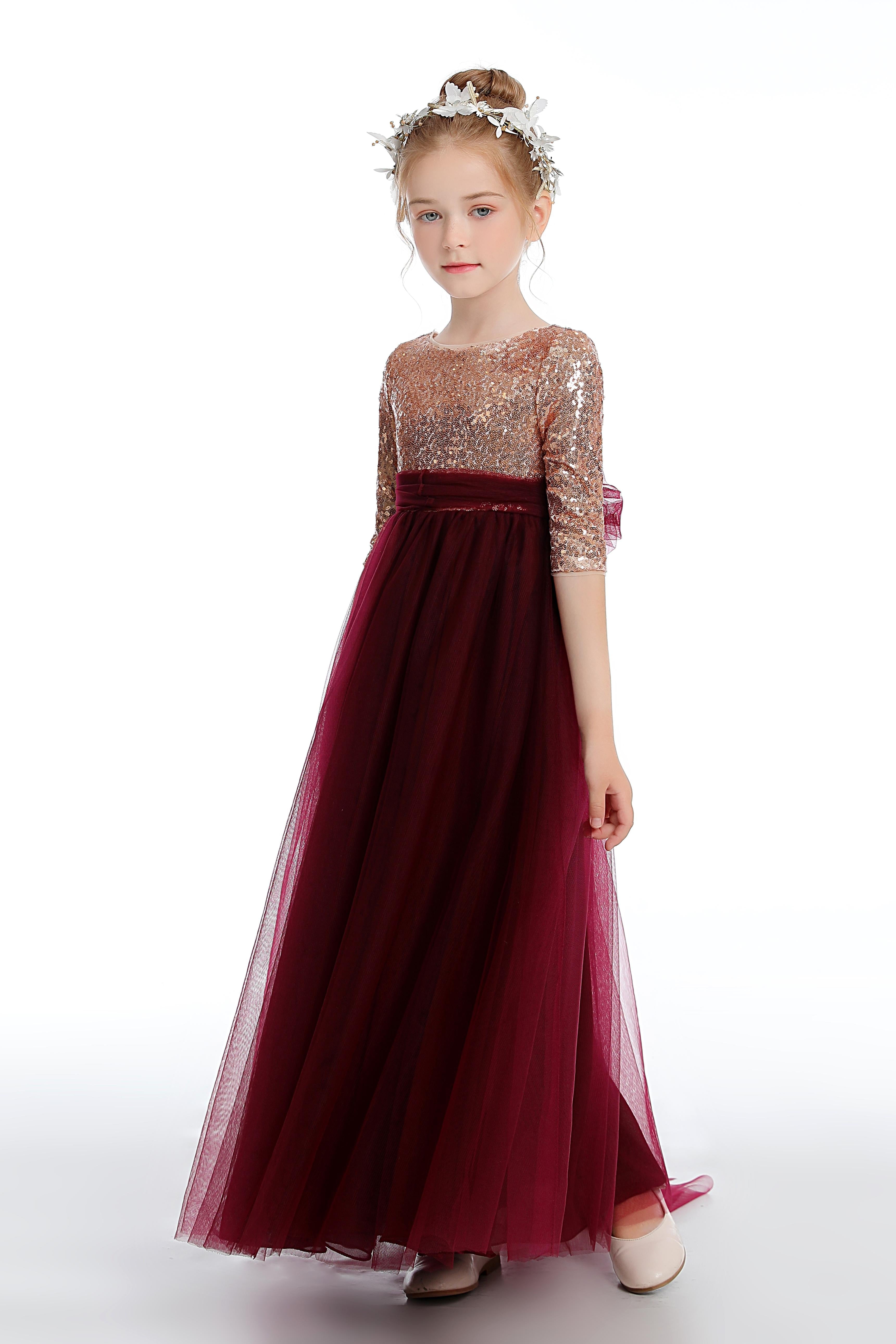 Cute Burgundy A-Line Tulle Flower Girl Dresses With Sequins