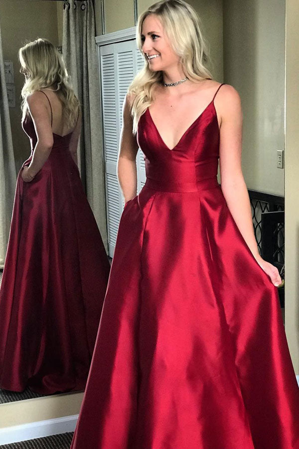 Burgundy A Line Floor Length Deep V Neck Sleeveless Mid Back Prom Dress,Party Dress P496 - Ombreprom