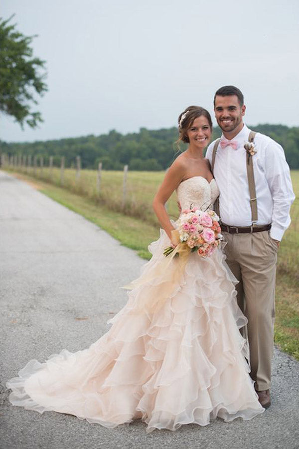 Pink A Line Court Train Sweetheart Sleeveless Ruffles Wedding Dress,Beach Wedding Dress