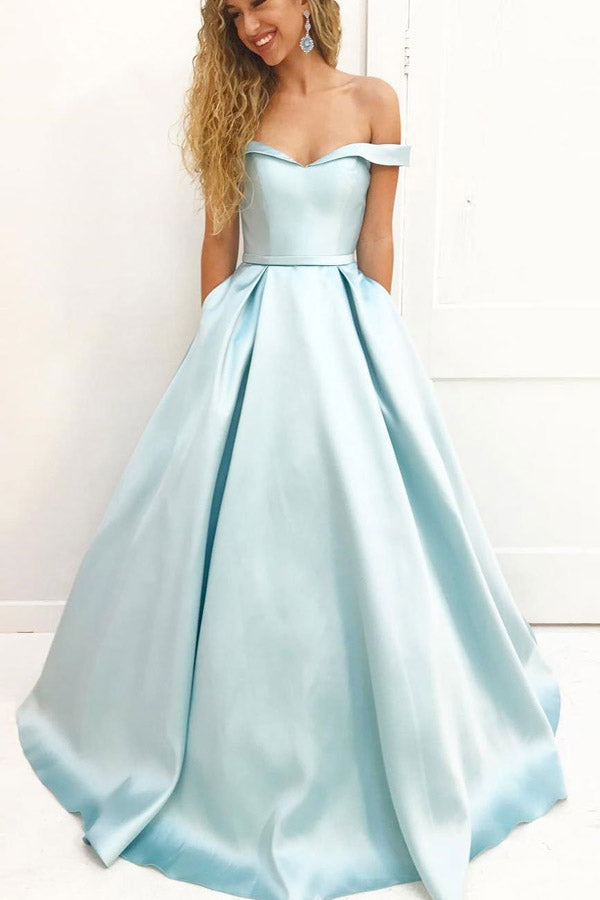 Light Blue A Line Brush Train Off Shoulder Sleeveless Prom Dress,Party Dress