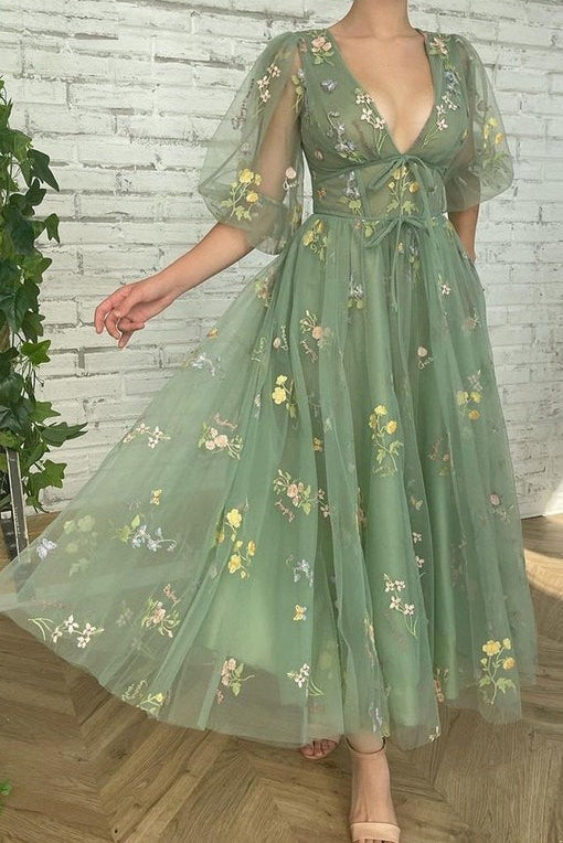 Green V Neck Short Sleeves Ankle Length Floral Tulle Short Prom Dresses