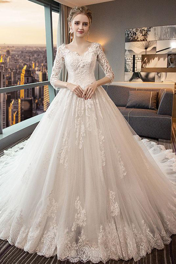 White A Line Chapel Train 3/4 Sleeve Appliques Wedding Dress,Perfect Wedding Dress