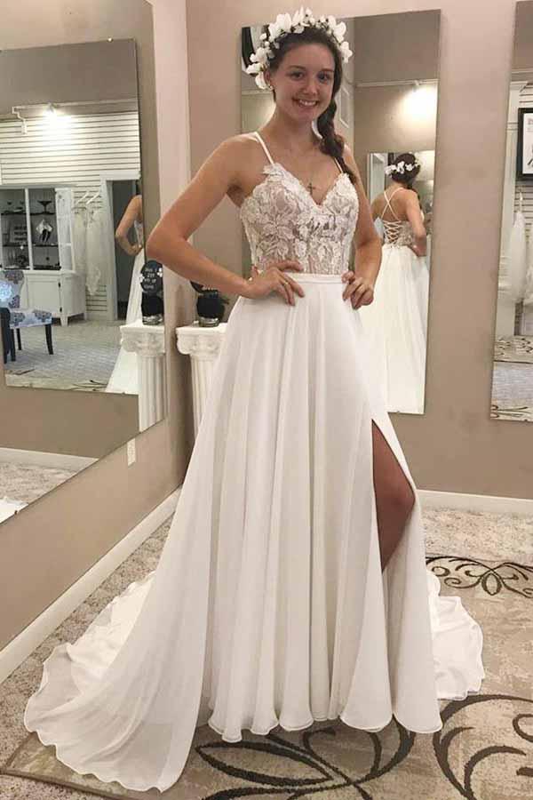 Elegant Spaghetti Straps V Neck Chiffon Appliques Split Side Wedding Dresses