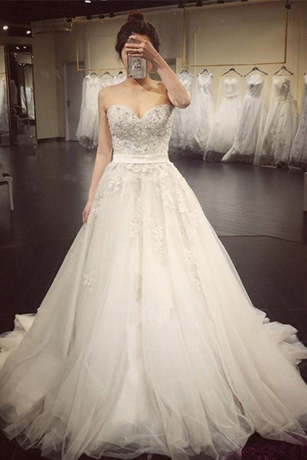 White A Line Court Train Sweetheart Sleeveless Beading Wedding Dress,Wedding Gowns