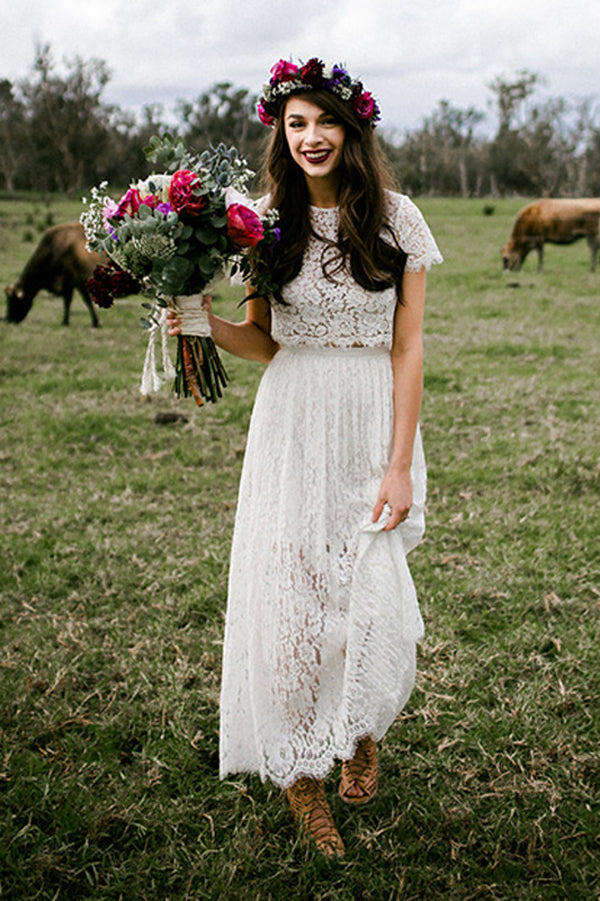 White A Line Two Piece Ankle Length Short Sleeves Lace Wedding Dress,Beach Wedding Dress