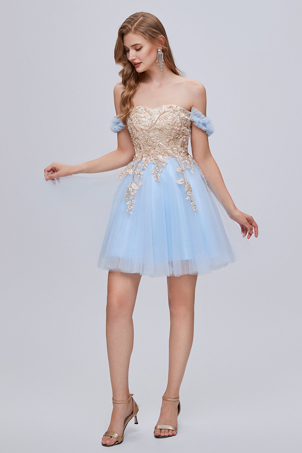 Chic Blue Off The Shoulder Lace Appliques Tulle Homecoming Dresses