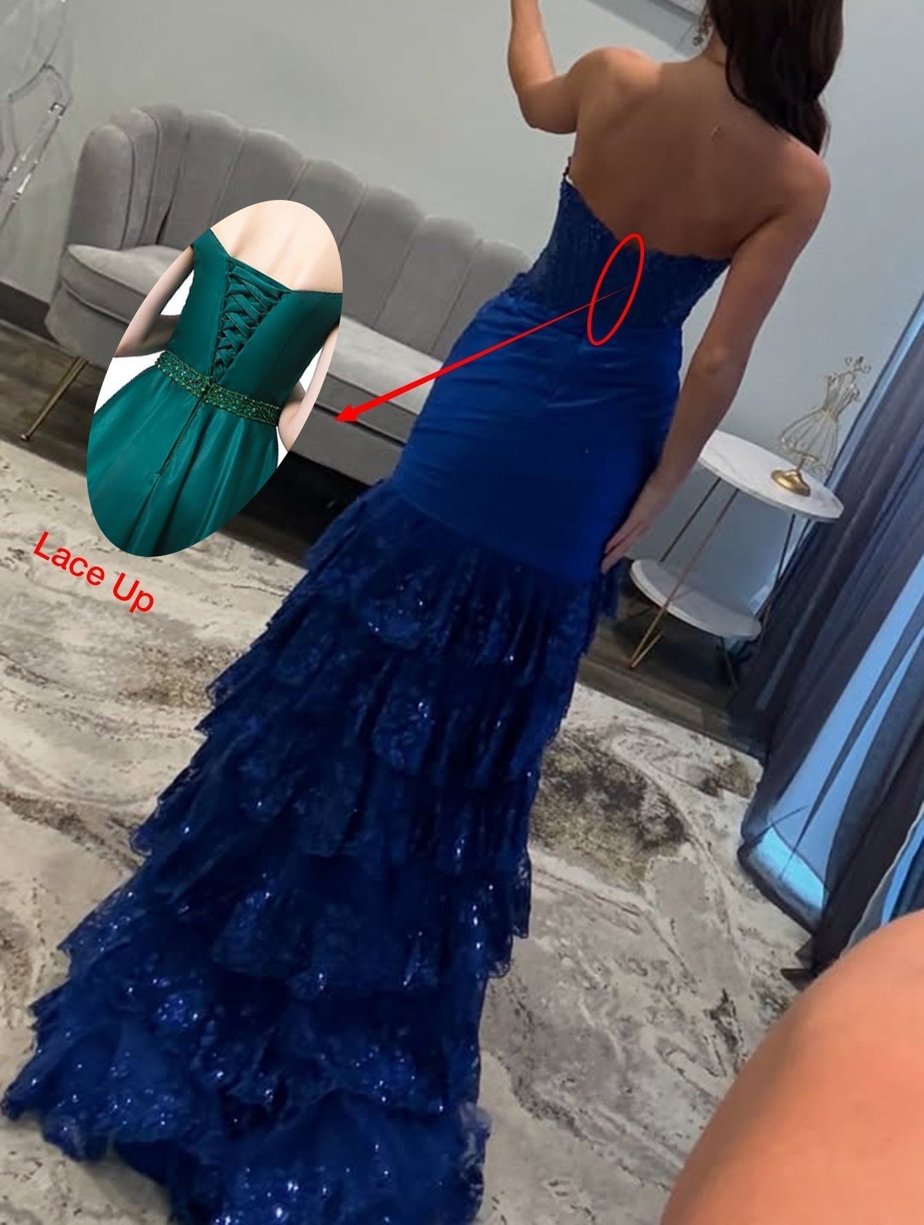 Sparkly Lace Boned Mermaid Prom Dress With Ruffle - Royal Blue