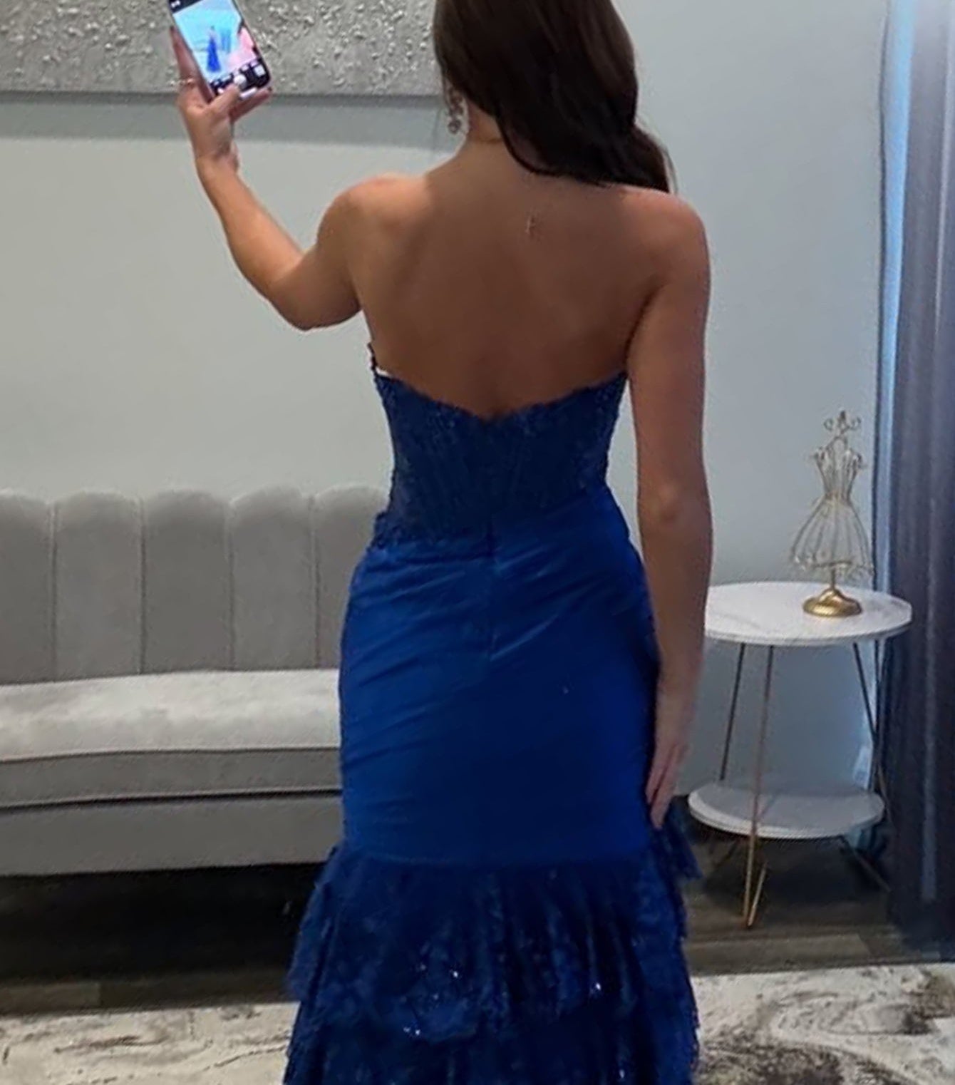 Sparkly Lace Boned Mermaid Prom Dress With Ruffle - Royal Blue