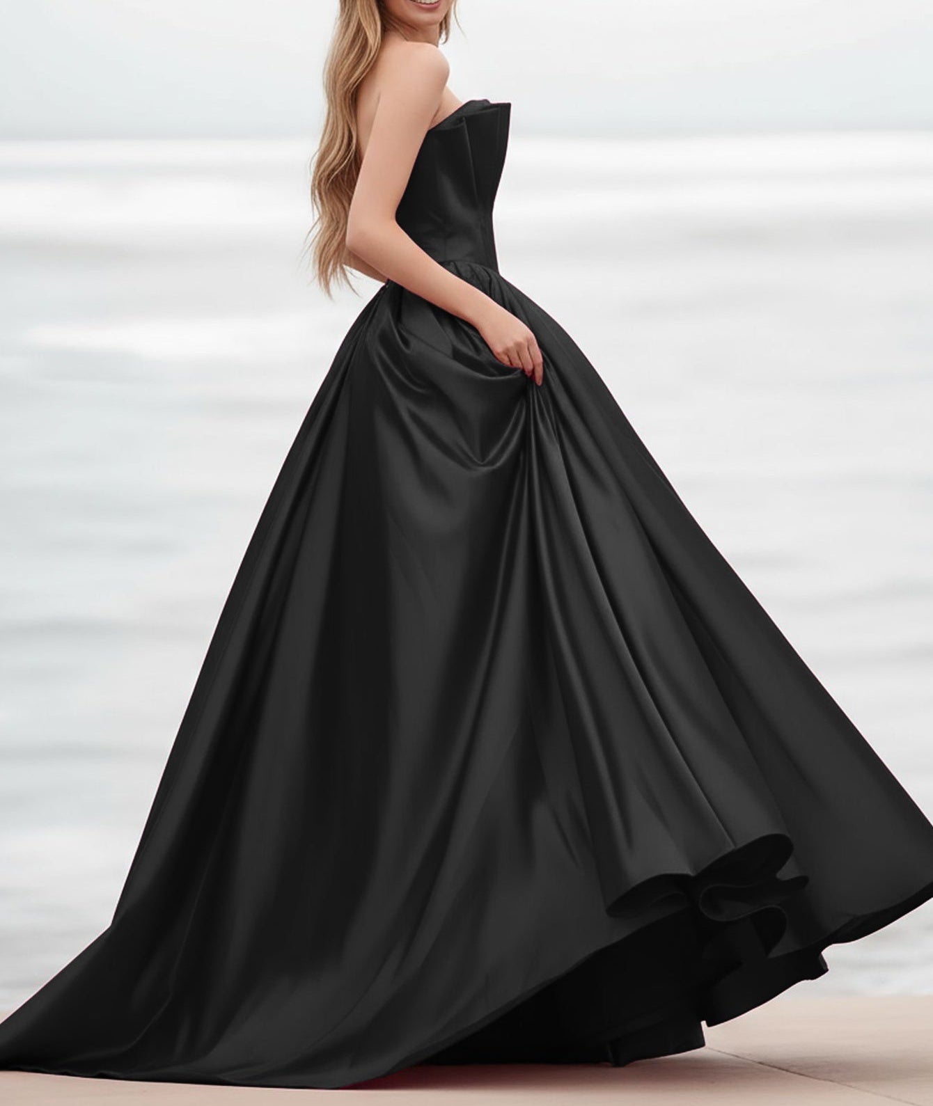 Pleated Bust Ruffle Hem Strapless Satin Prom Ball Gown - Black