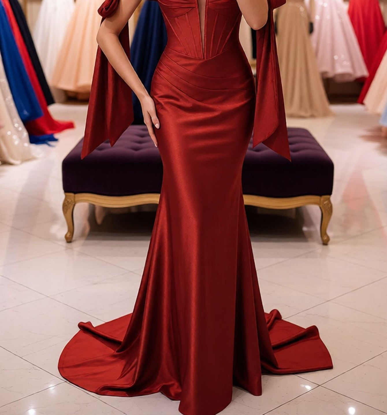 Off Shoulder Lace Up Bow Trumpet Prom Dress - Red