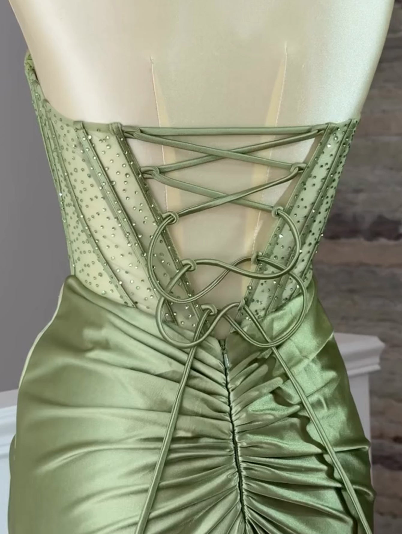 Hot Fix Sheer Bodice Boned Strapless Mermaid Prom Dress Long - Emerald Green