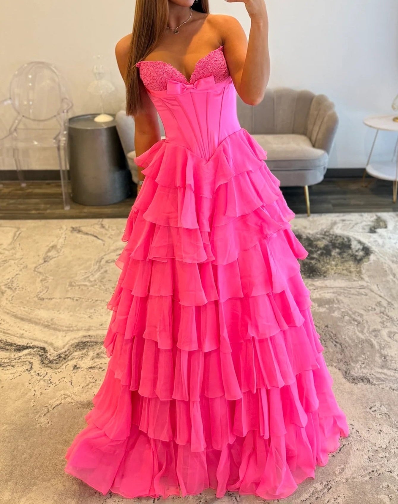 Lace Embroidery Boned Layered Ball Gown Prom Dress - Hot Pink