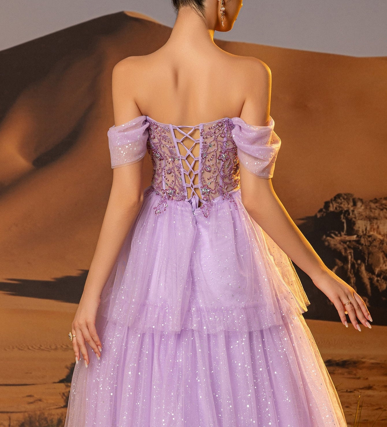 Off Shoulder Sparkly Lace Embroidery Layered Ball Gown Prom Dress - Lilac