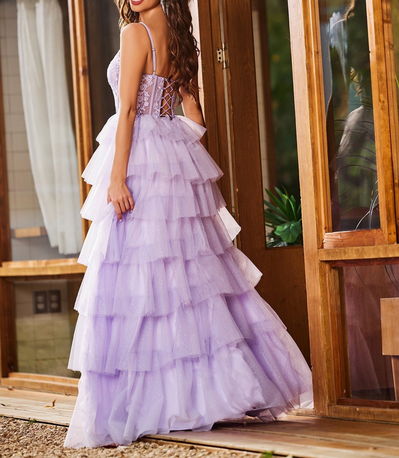 Embroidery Floral Sheer Ball Gown Prom Dress With Ruffle - Lilac