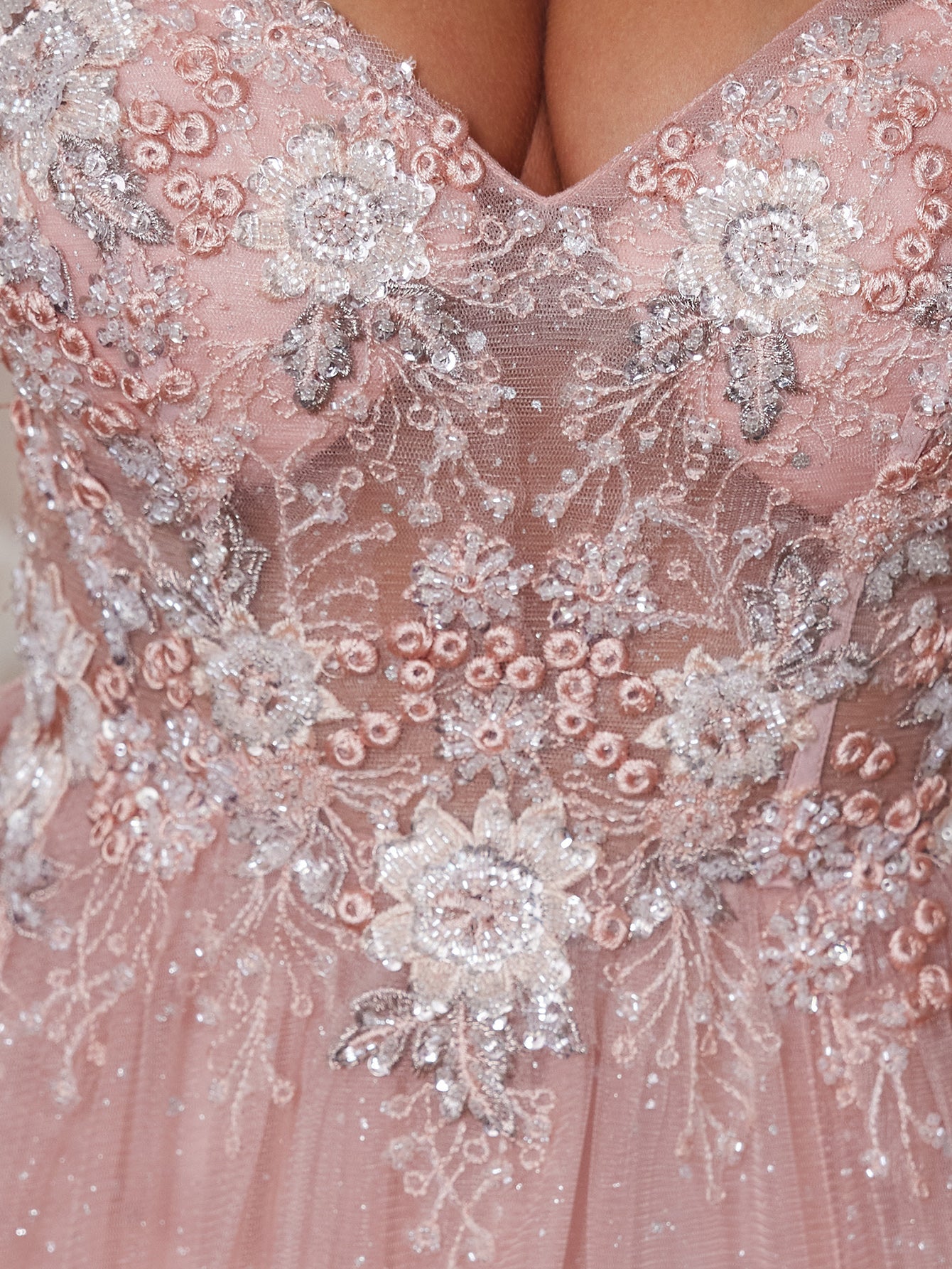 Sparkly Lace Embroidery Illusion Bodice A-Line Long Prom Dress - Blush Pink