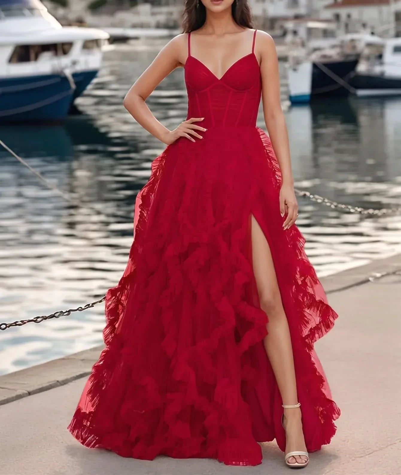 Spaghetti Strap V-Neck Ruffle Ball Gown Prom Dress With Slit - Red