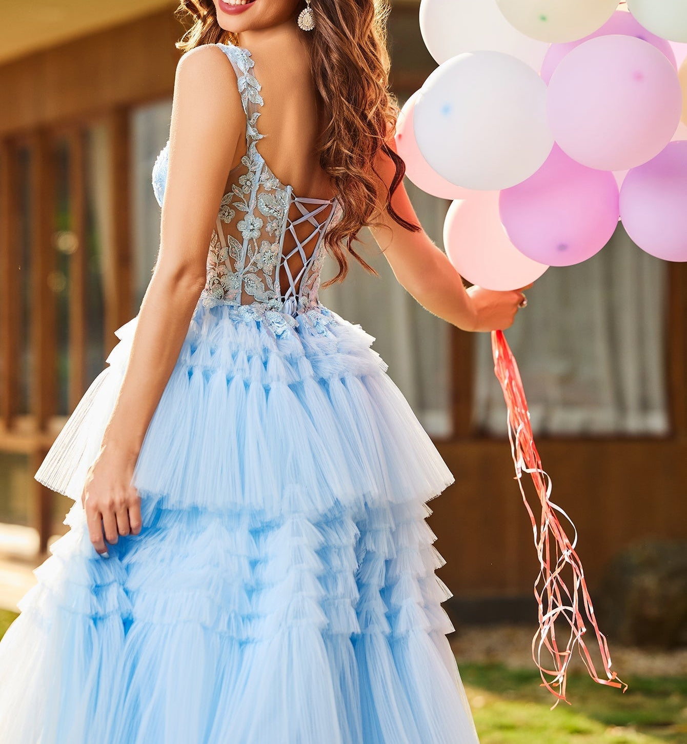 Flower Appliqued Corset Top Lace Layered Tiered Ball Gown Prom Dress - Baby Blue