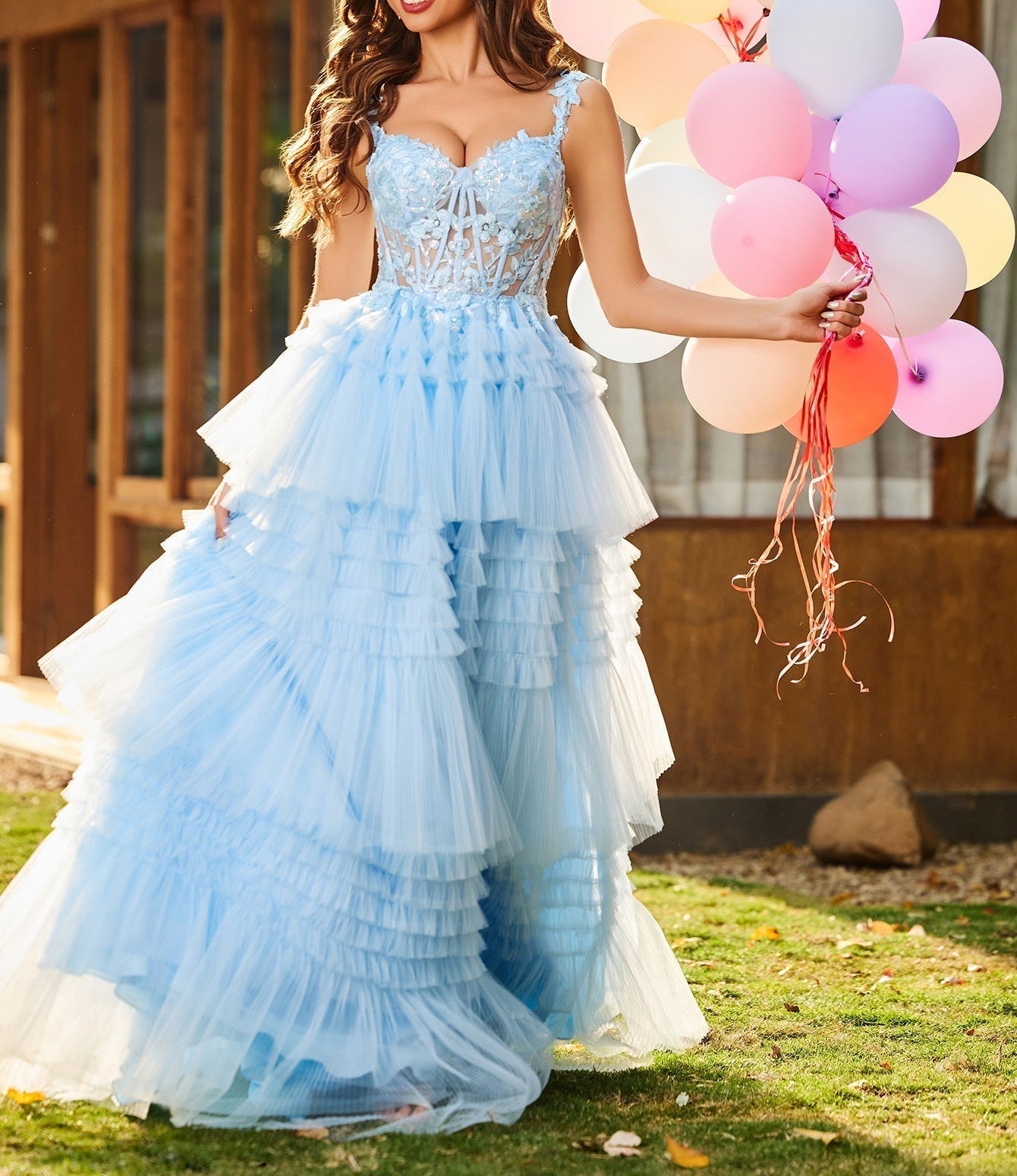 Flower Appliqued Corset Top Lace Layered Tiered Ball Gown Prom Dress - Baby Blue