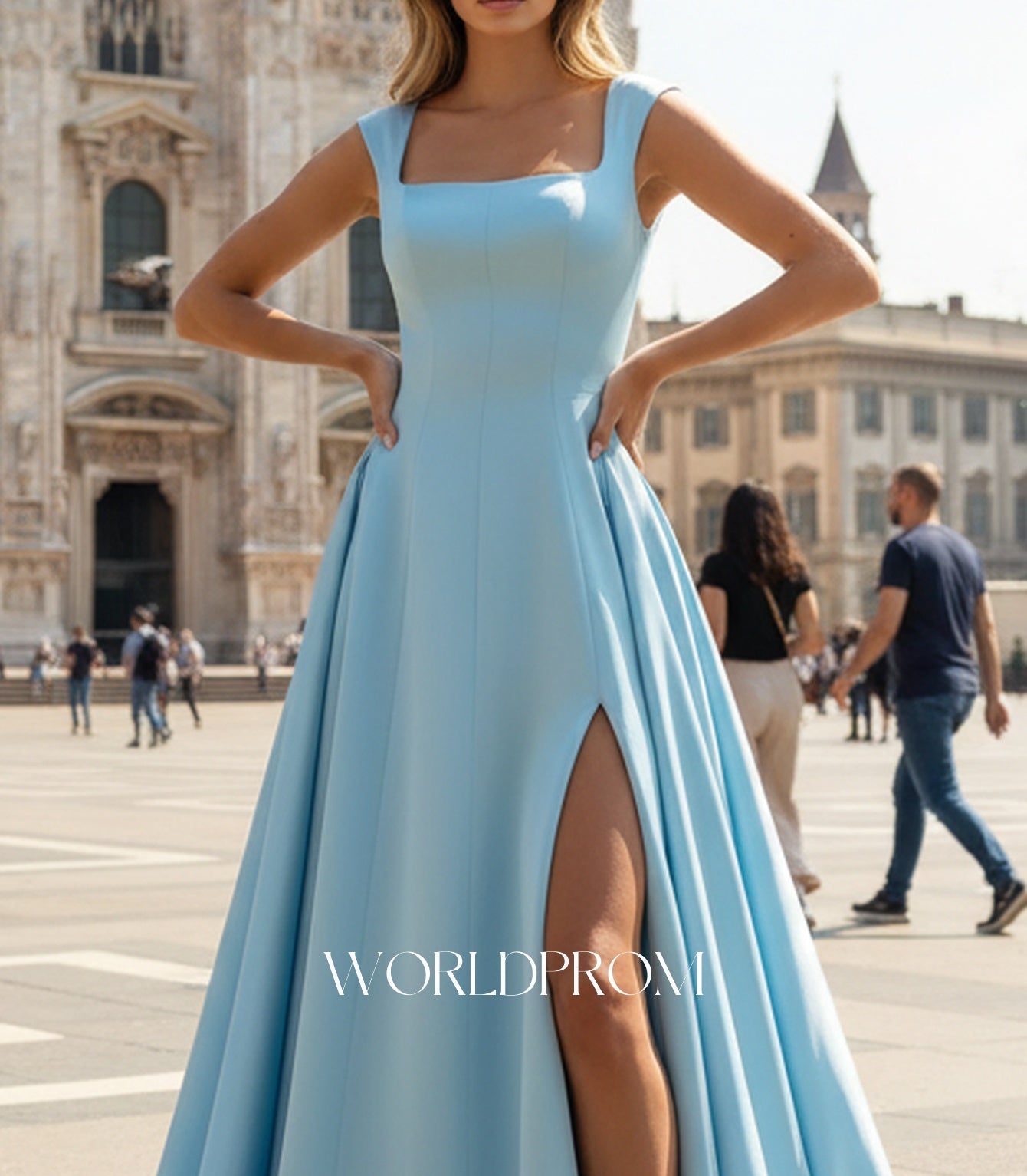Tank Pleated Corset Lace Up A-Line Long Prom Dress With Slit - Sky Blue