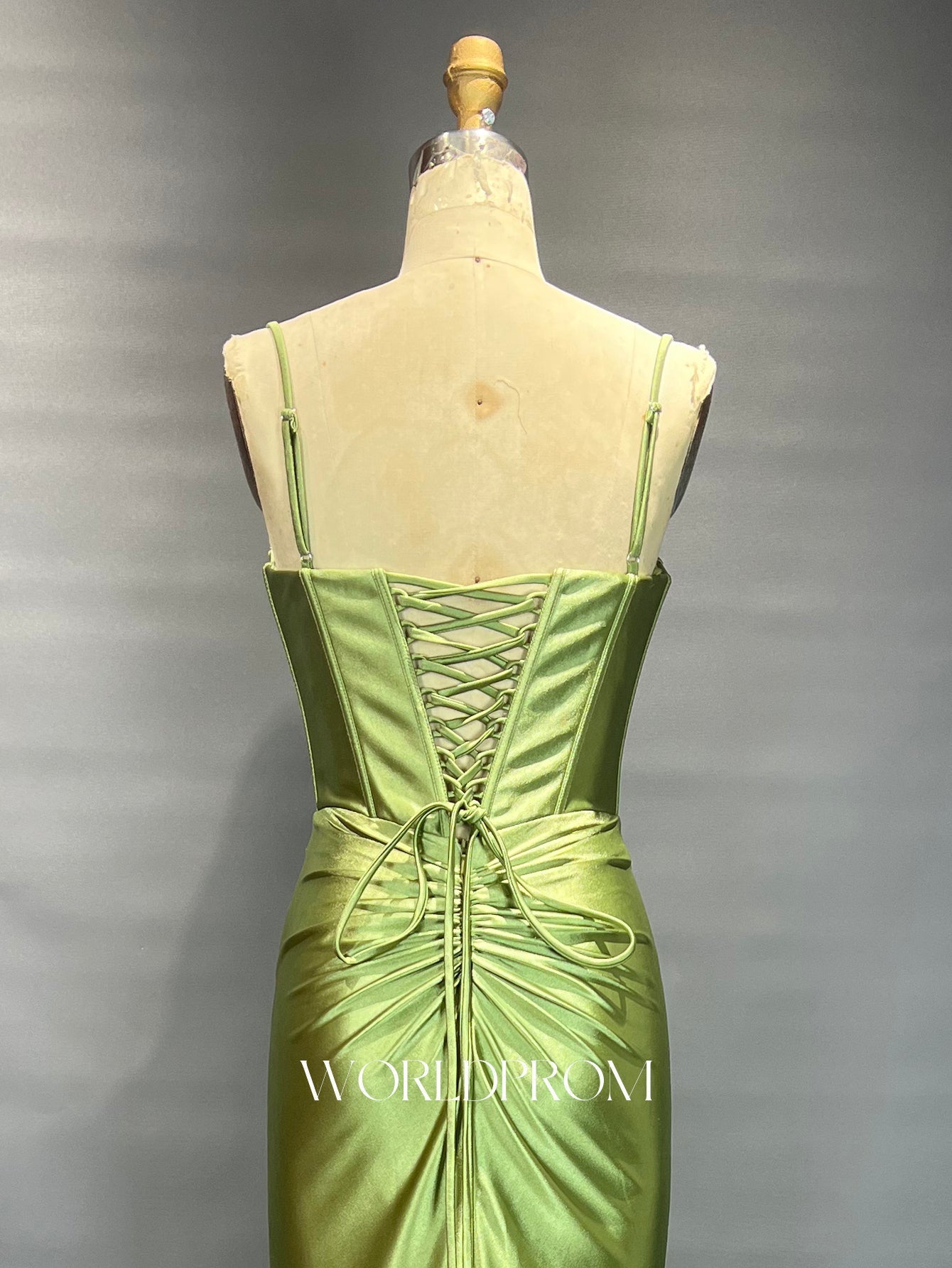 Sweetheart Hot Fix Crystal Spaghetti Shoulder Straps Bodice Mermaid Long Prom Dress - Olive Green