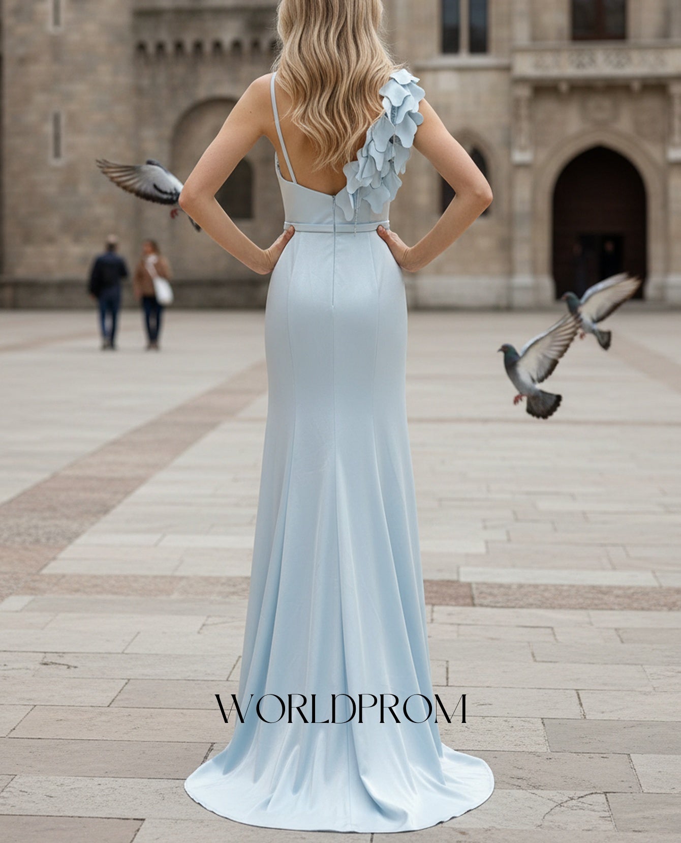 3D Flowers Spaghetti Shoulder Straps Pleated Mermaid Long Prom Dress With Slit - Sky Blue