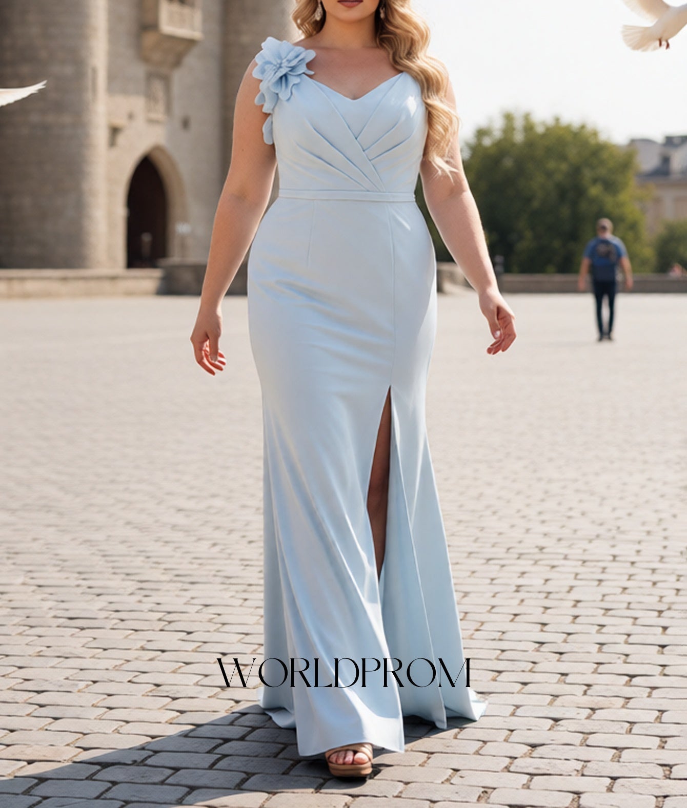 3D Flowers Spaghetti Shoulder Straps Pleated Mermaid Long Prom Dress With Slit - Sky Blue